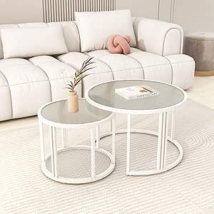 ULUCAN Set of 2 Round Coffee Tables - White Glass Top