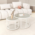Set of 2 round coffee tables with water wave glass top and cream white finish