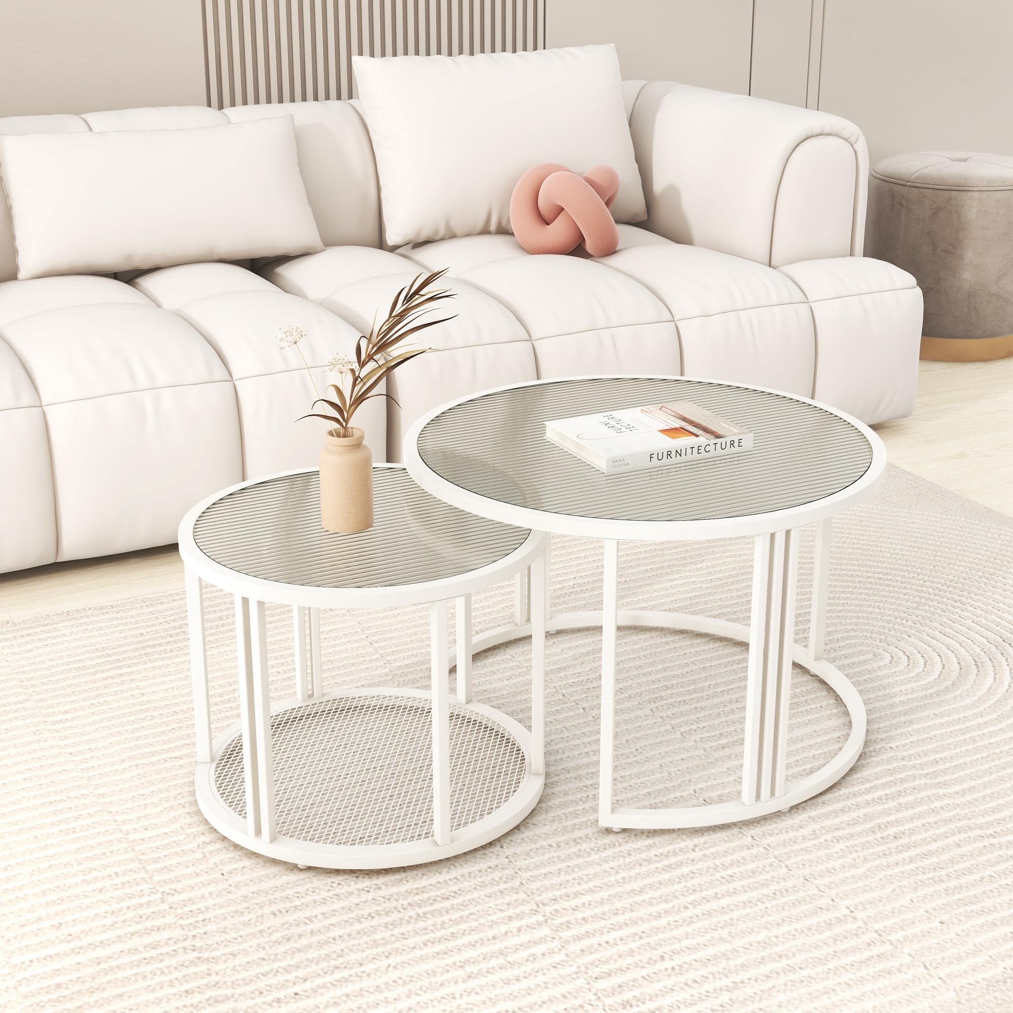 Set of 2 round coffee tables with water wave glass top and cream white finish