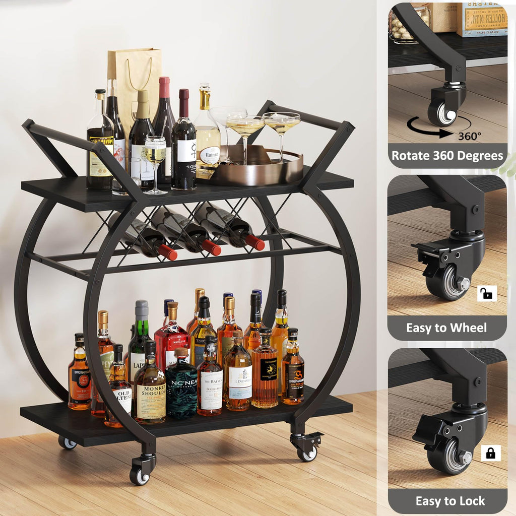 LVB Rolling Bar Cart with Storage Shelves and Wine Rack