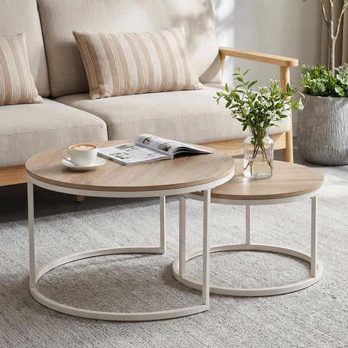 Elegant light oak round coffee table set with white metal frame from buybyroom, suitable for living room, bedroom, and balcon
