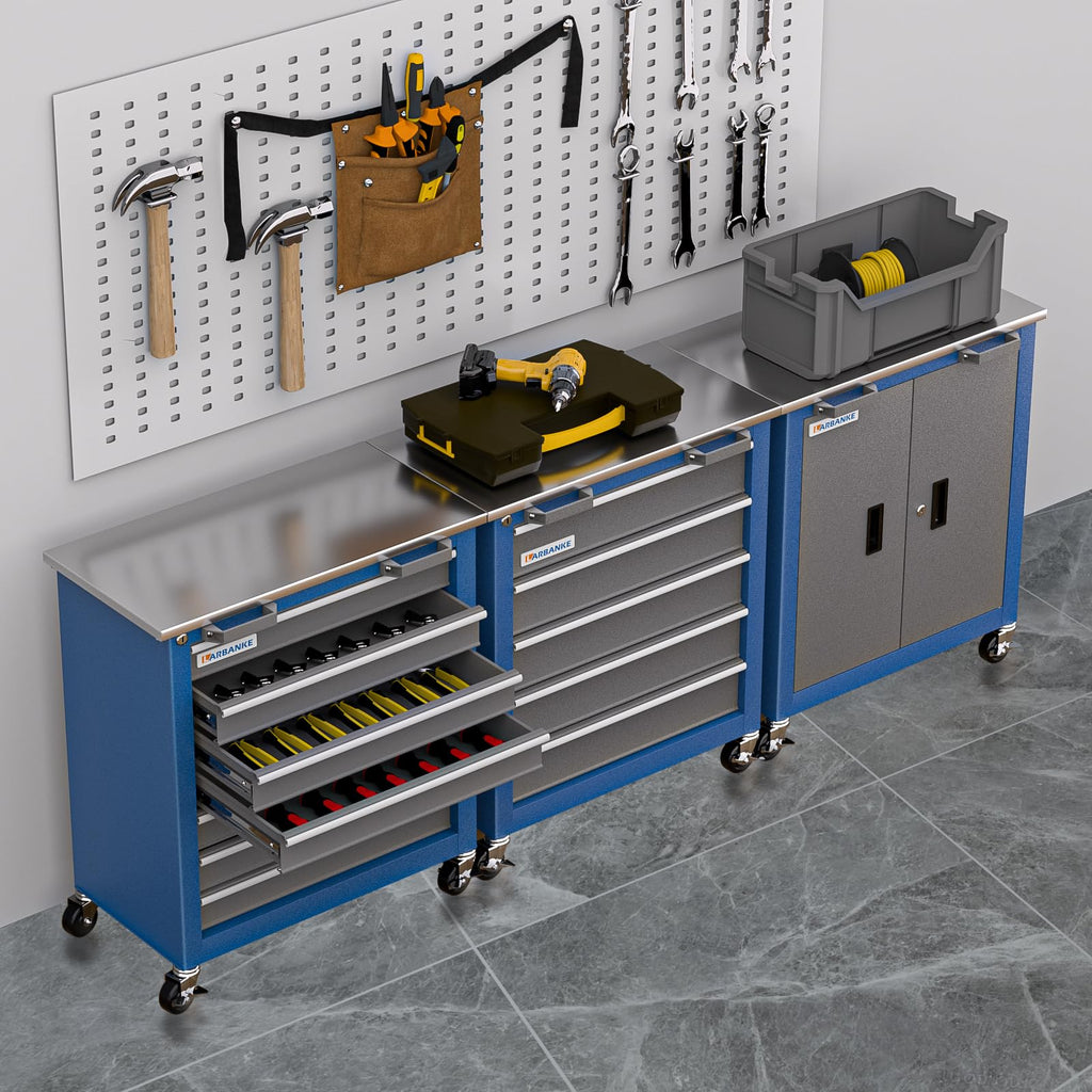 LARBANKE 7-Drawer Tool Cabinet with Stainless Steel Workbench