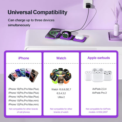 Portable Foldable Magnetic Wireless Charging Station | 3-in-1 Fast Charger for iPhone, Apple Watch & AirPods | Compact & Travel-Friendly Design