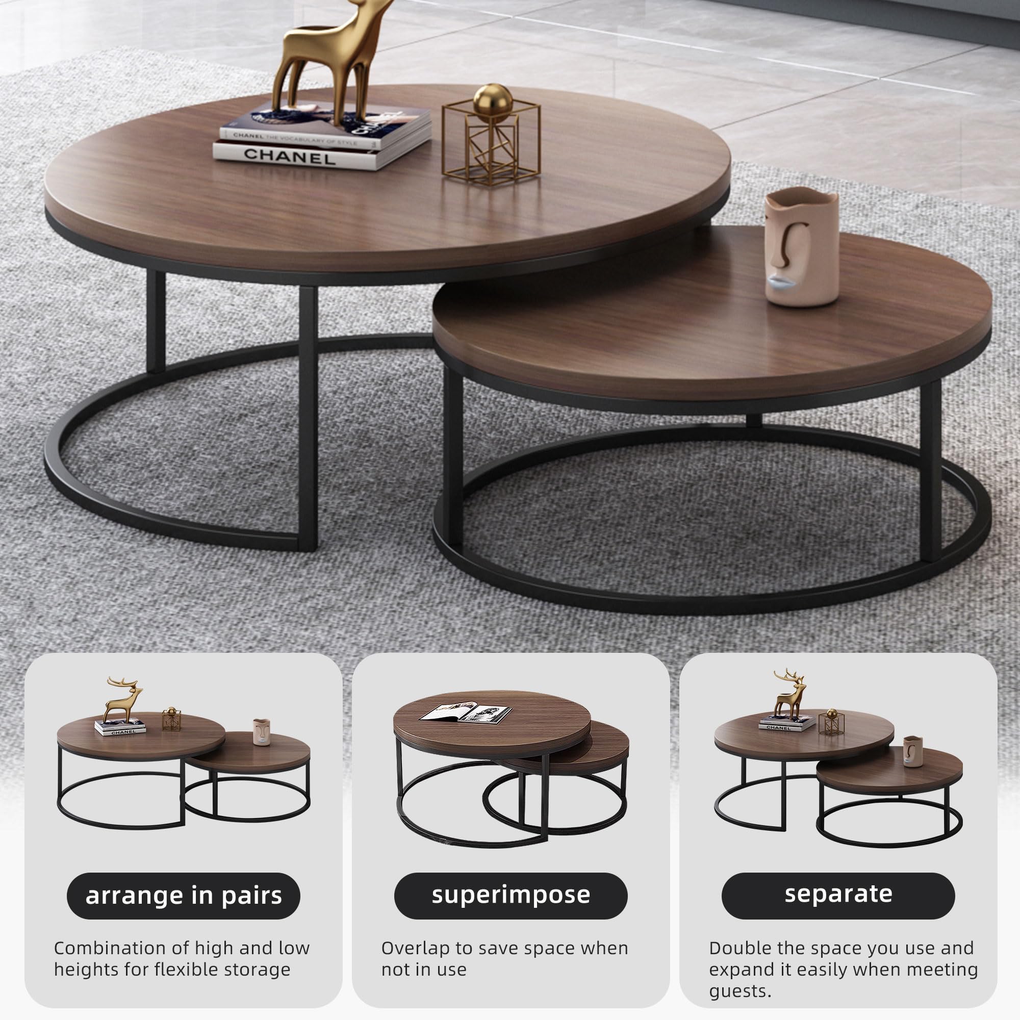 Luck Live Round Coffee Table Set of 2, Modern Nesting Tables