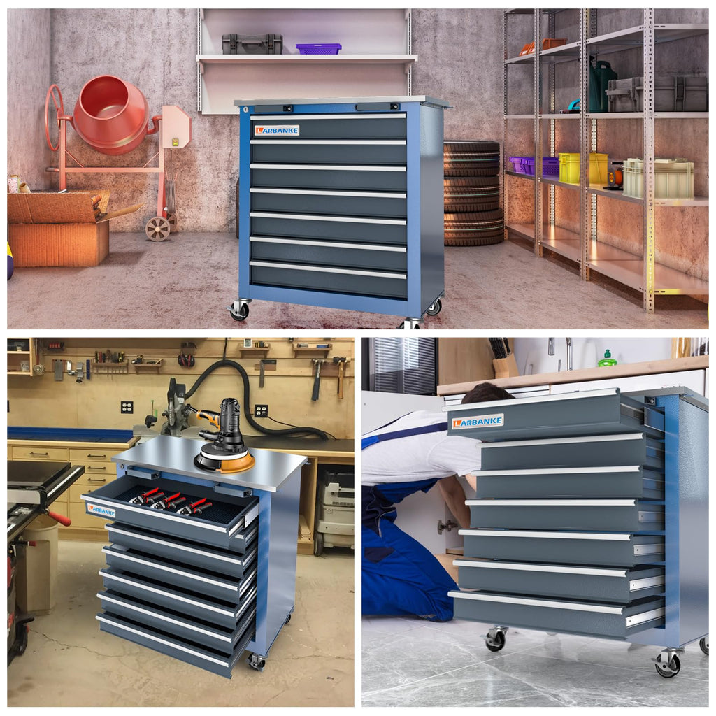 LARBANKE 7-Drawer Tool Cabinet with Stainless Steel Workbench