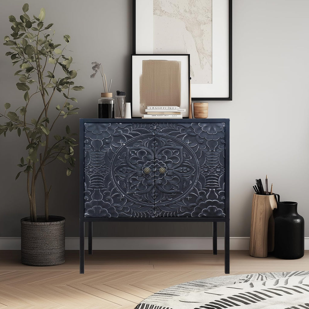Growsun Vintage Carved Storage Cabinet - Handcrafted Wood Accent Cabinet