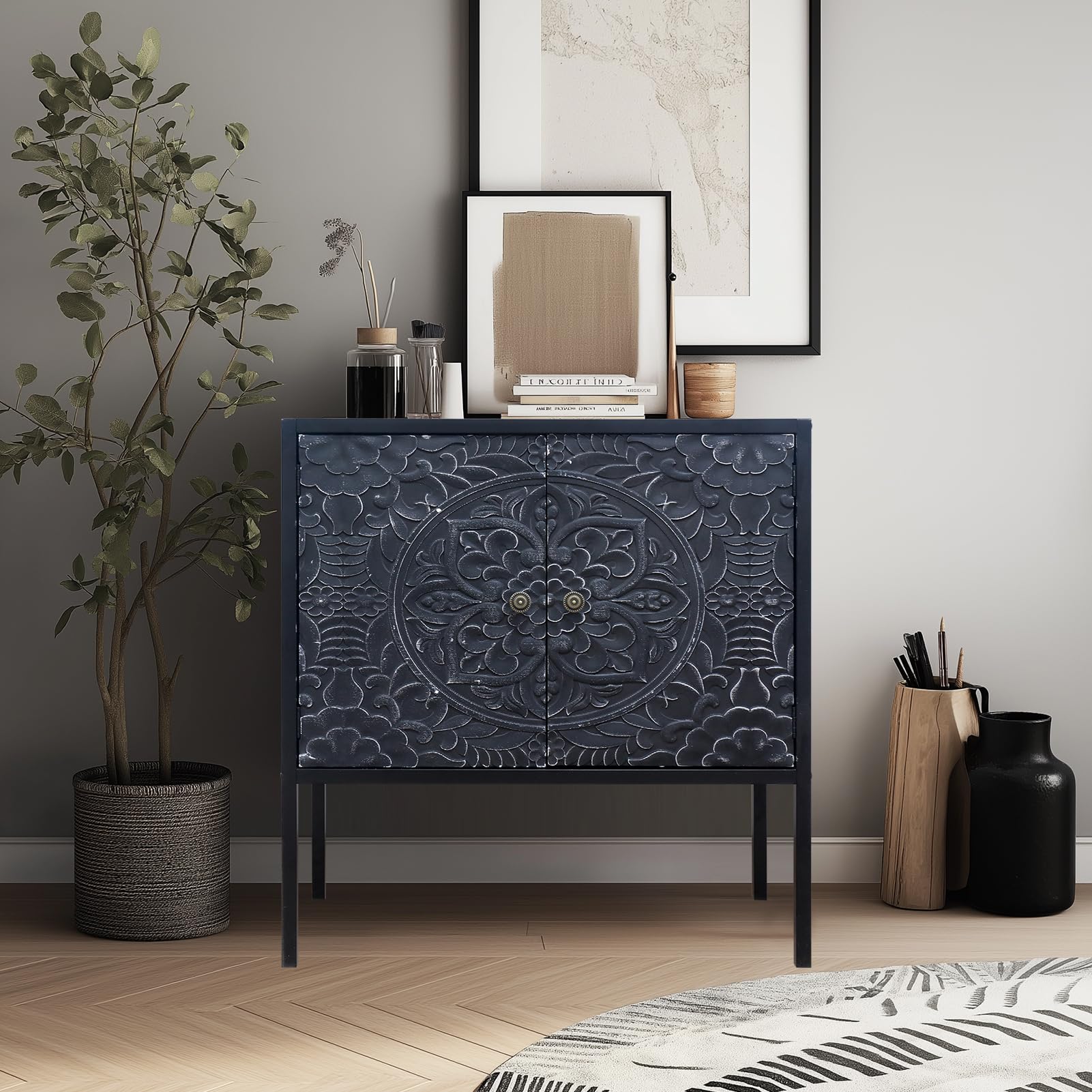 Growsun Vintage Carved Storage Cabinet - Handcrafted Wood Accent Cabinet