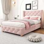 REXO Pink Velvet Upholstered Bed with Quilted Headboard