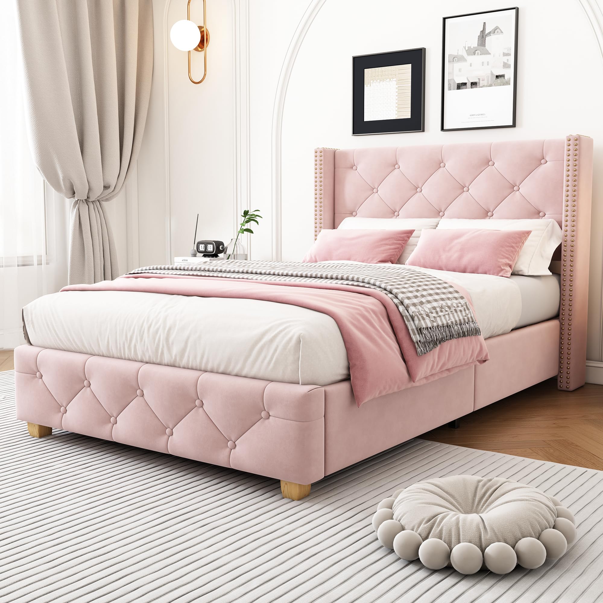 REXO Pink Velvet Upholstered Bed with Quilted Headboard