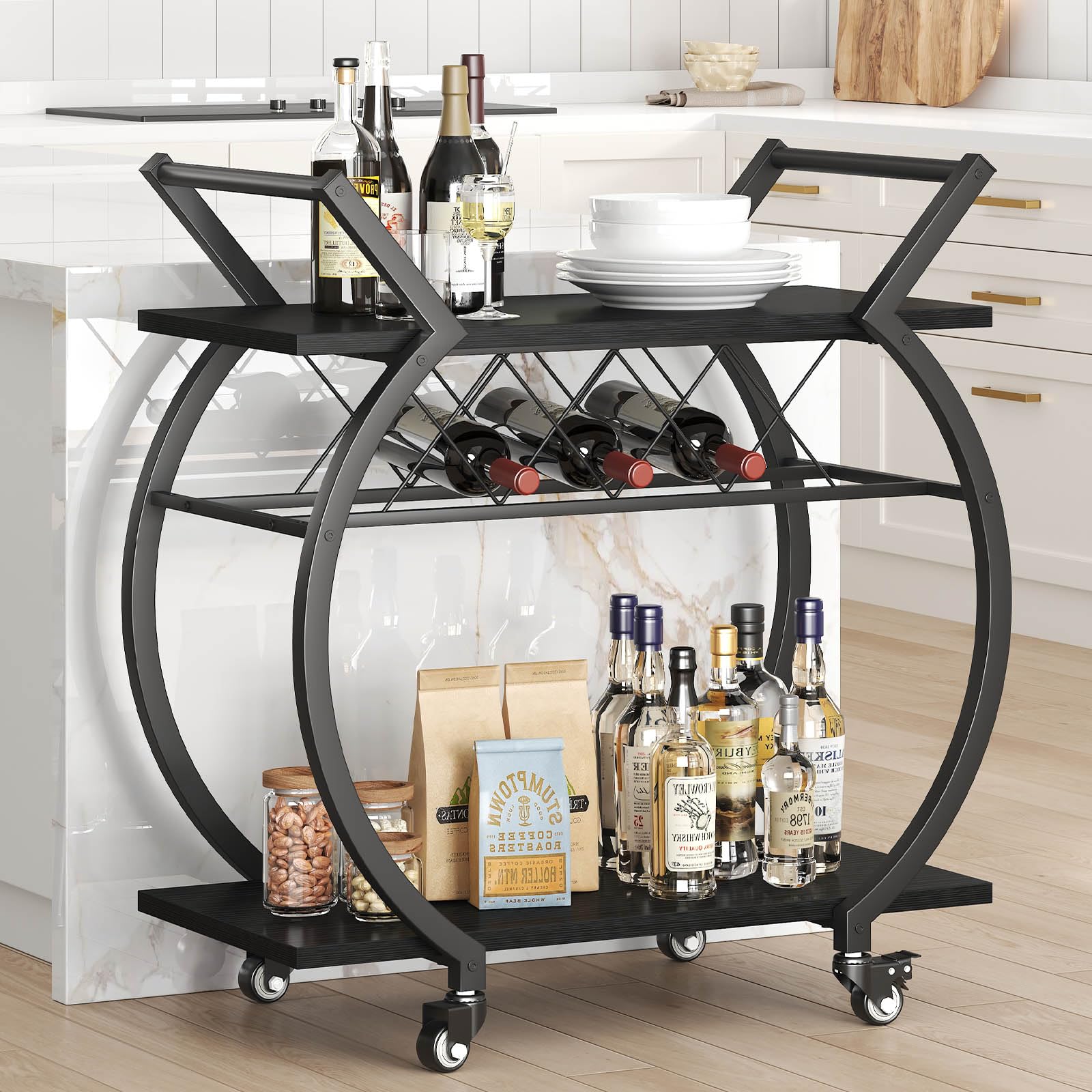 LVB Rolling Bar Cart with Storage Shelves and Wine Rack