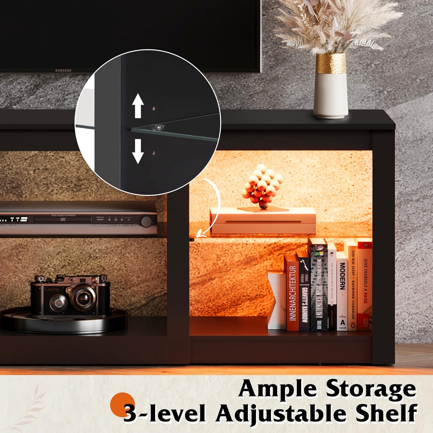 WLIVE Modern Storage LED TV Stand with Glass Shelves