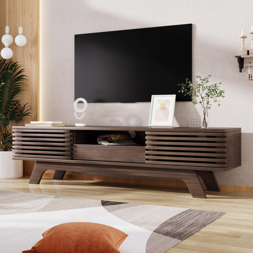 Retro-style BTM wood TV unit with two doors, drawer, and open compartment in brown color