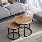 Set of 2 round nesting tables with light brown finish and wooden top, metal legs