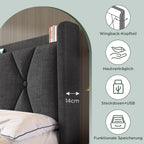 Huyuee Upholstered Bed with Charging Port and Four Drawers in Linen Grey