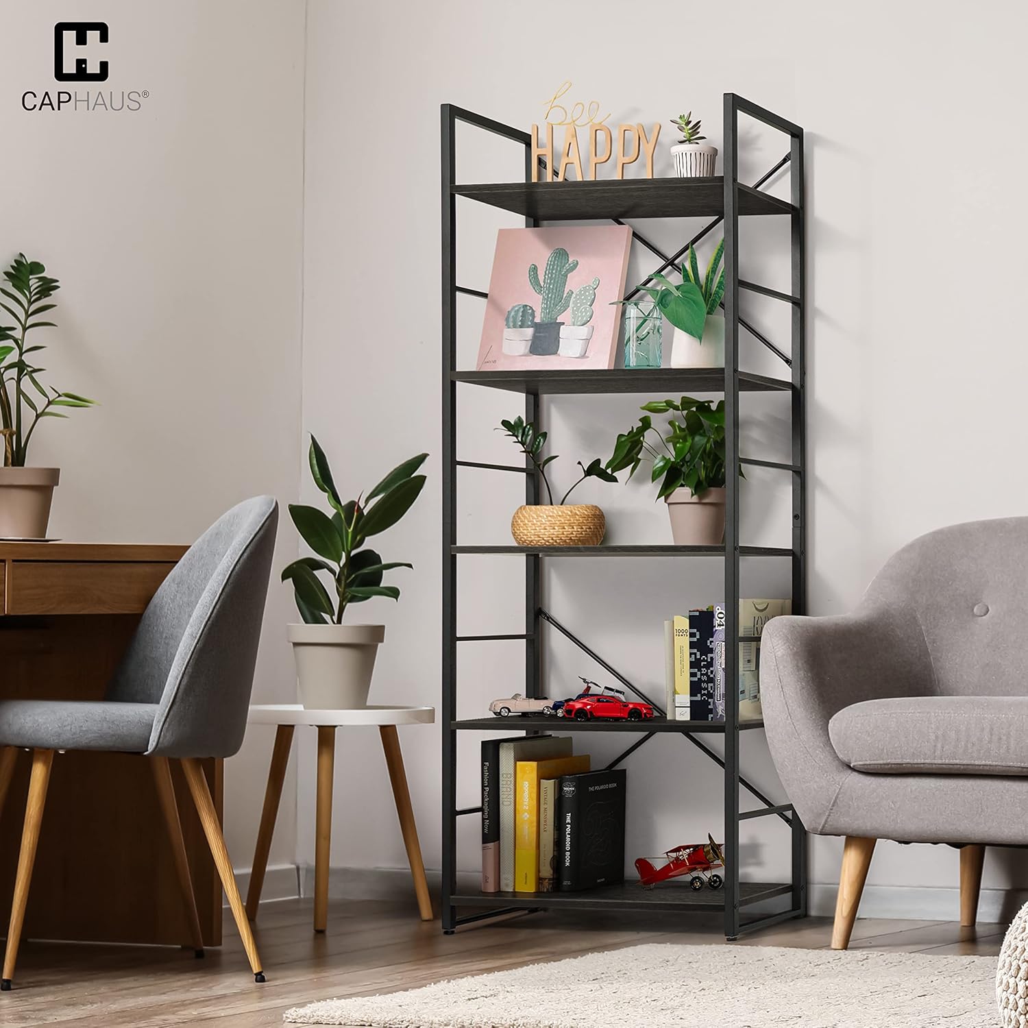 CAPHAUS 5 Tier Bookshelf - Black Vintage Shelves