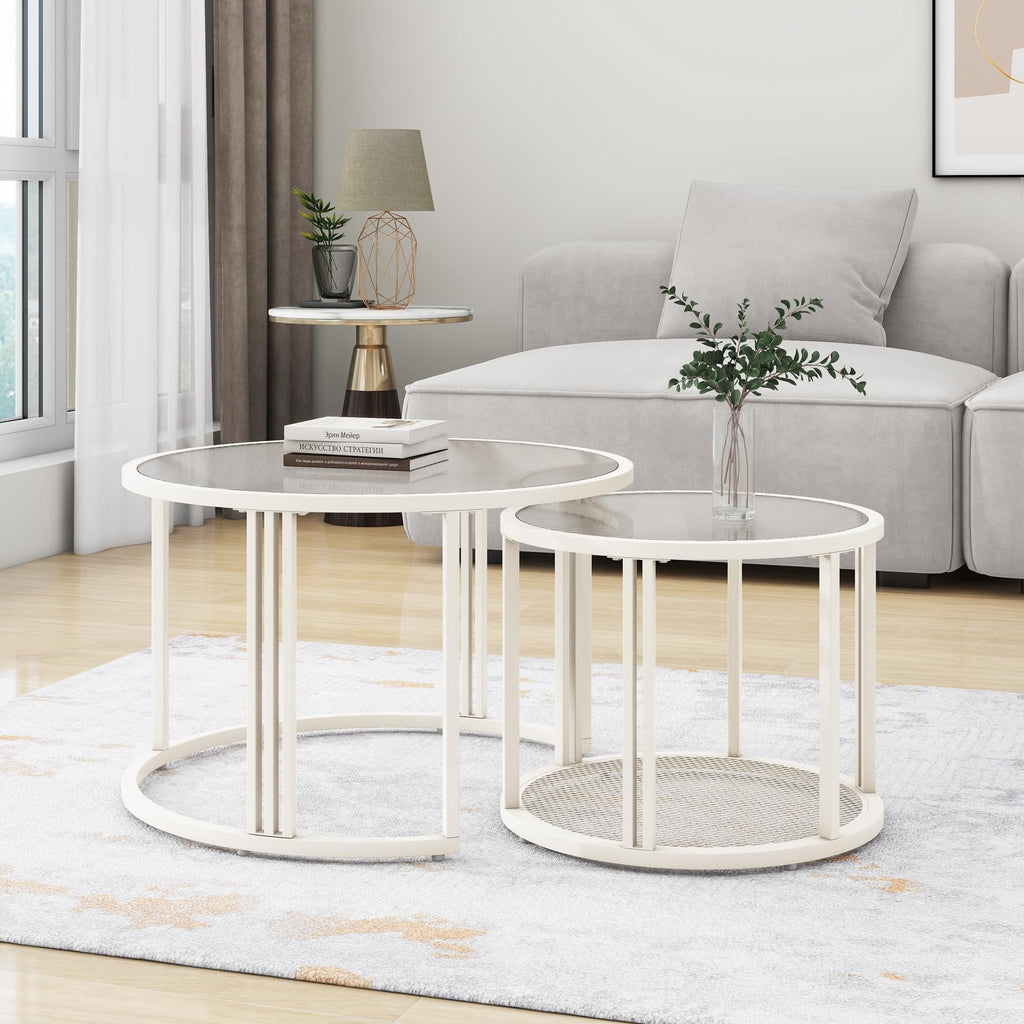 ULUCAN Set of 2 Round Coffee Tables with Water Wave Glass Top