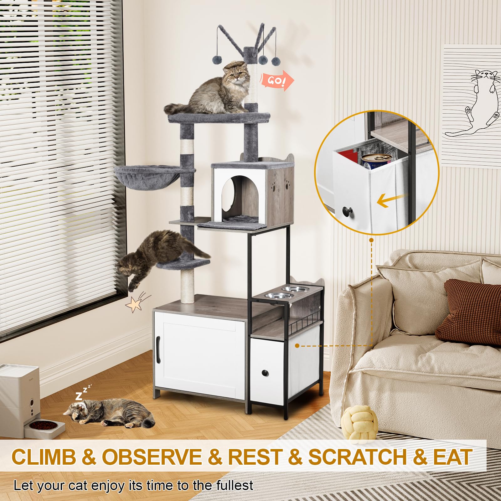 Snughome 3-in-1 Modern Cat Tower with Litter Box Enclosure