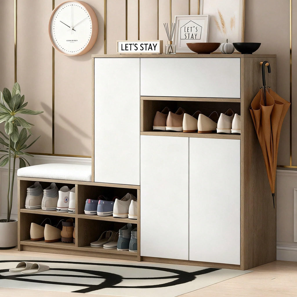 White multifunctional shoe rack with padded seat and adjustable shelves