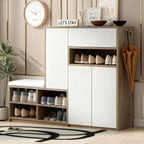 White multifunctional shoe rack with padded seat and adjustable shelves