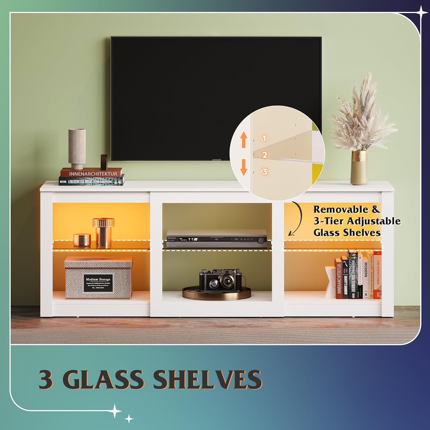 WLIVE 58" LED TV Stand with Glass Shelves - Black