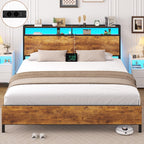 Brinlawb vintage brown black double bed frame with LED lighting and power strip