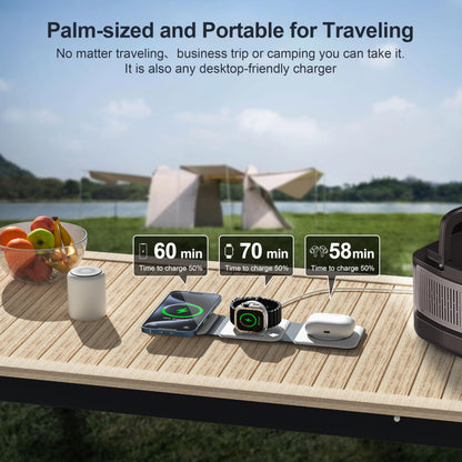 Portable Foldable Magnetic Wireless Charging Station | 3-in-1 Fast Charger for iPhone, Apple Watch & AirPods | Compact & Travel-Friendly Design