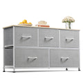 Light grey WLIVE dresser with 5 drawers, featuring a wooden top and fabric bins