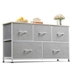 Light grey WLIVE dresser with 5 drawers, featuring a wooden top and fabric bins
