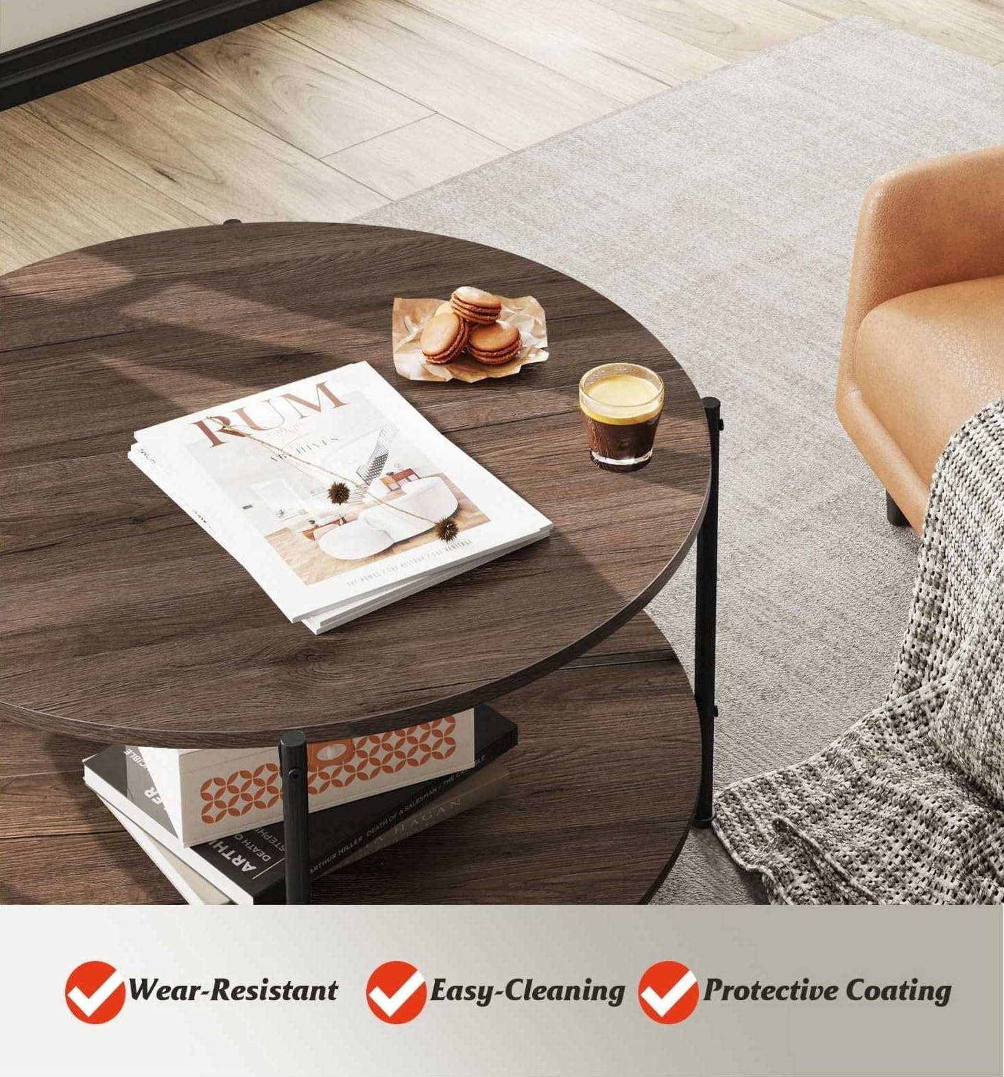 WLIVE 2-Tier Round Coffee Table with Storage Shelf