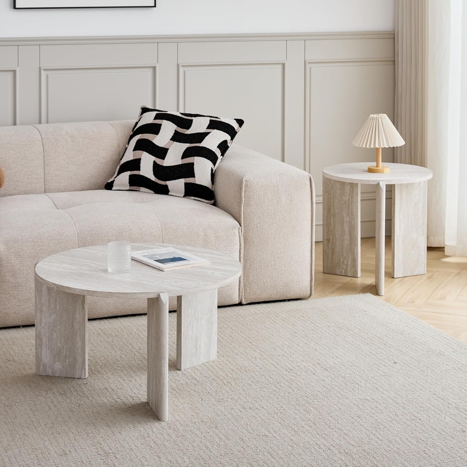 JZGORC Set of 2 White Imitation Travertine Coffee Tables - 70cm and 50cm