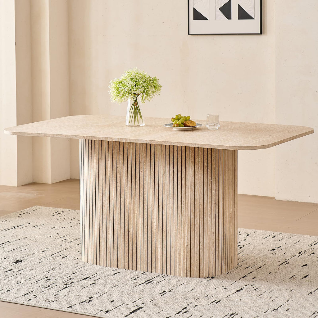 Modern rectangular dining table with yellow travertine top and slatted legs