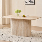 Modern rectangular dining table with yellow travertine top and slatted legs