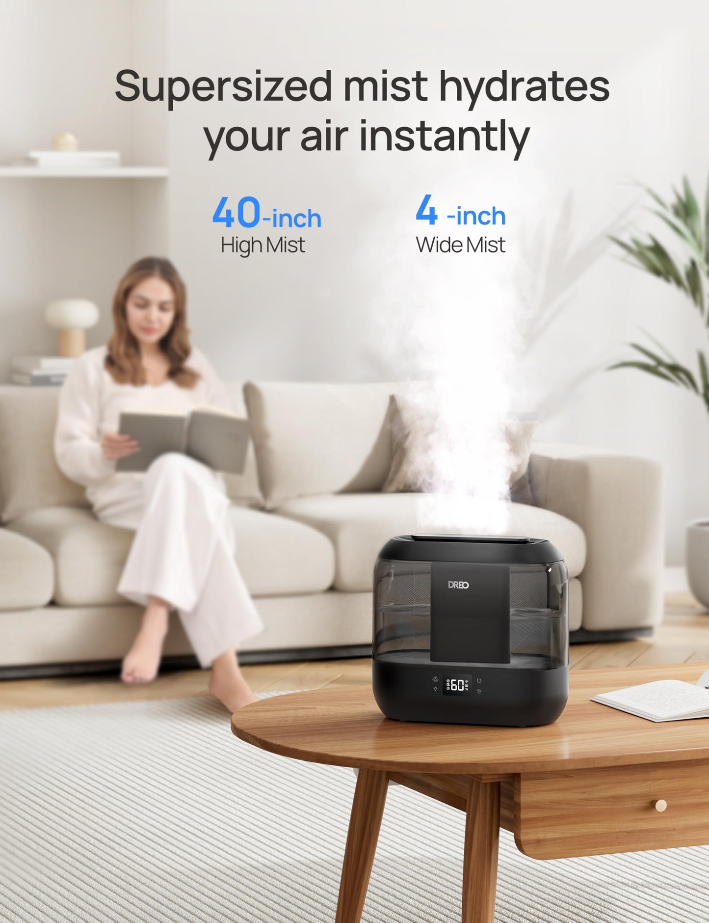 Dreo Smart Humidifiers for Bedroom, Top Fill 4L Cool Mist Humidifier with Nightlight, 32H Runtime, Touch/APP/Voice Control, Quiet Ultrasonic Humidifiers for Large Room, Home, Baby, Plants, Office