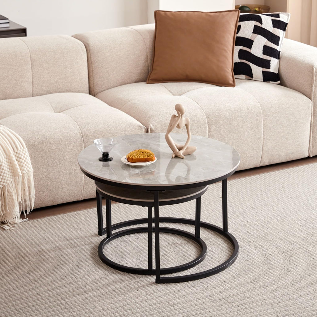 JZGORC Round Coffee Table with Grey Marble and Metal Legs