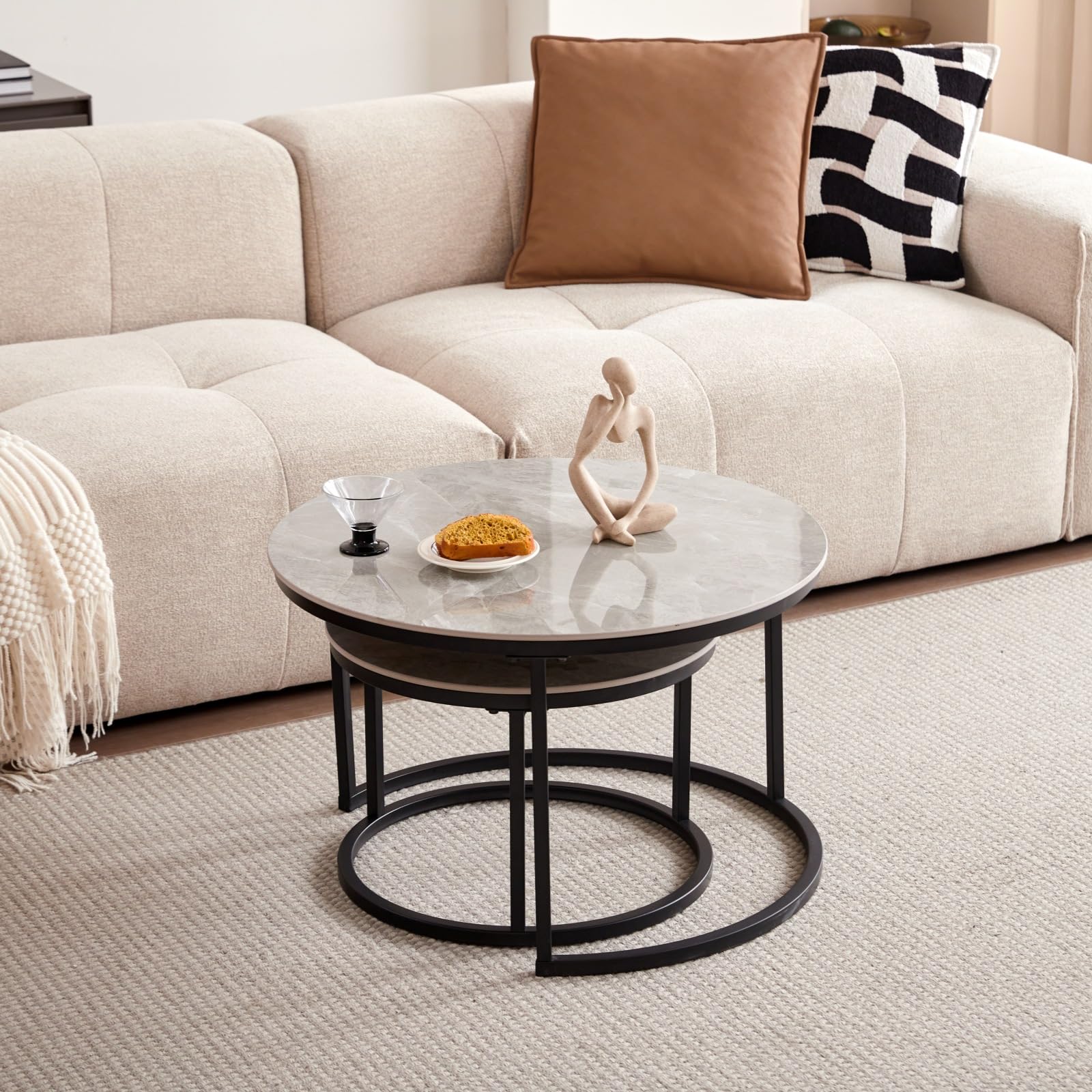 JZGORC Round Coffee Table with Grey Marble and Metal Legs