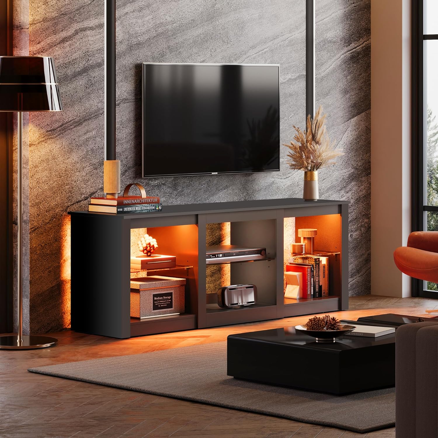 WLIVE Modern Storage LED TV Stand with Glass Shelves