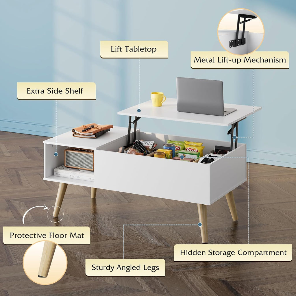 WLIVE Lift Top Coffee Table with Storage - White