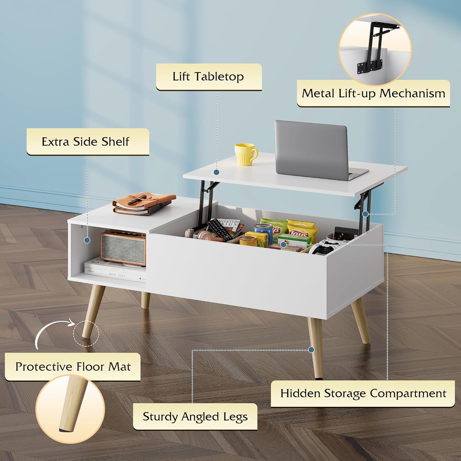 WLIVE Lift Top Coffee Table with Storage - White