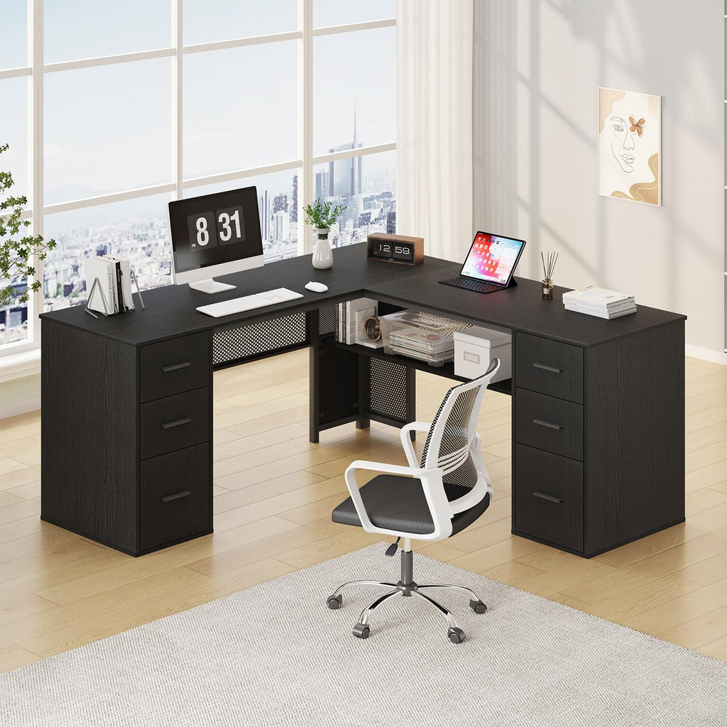 Stylish black L shaped desk with file drawers and shelves, perfect for home office use