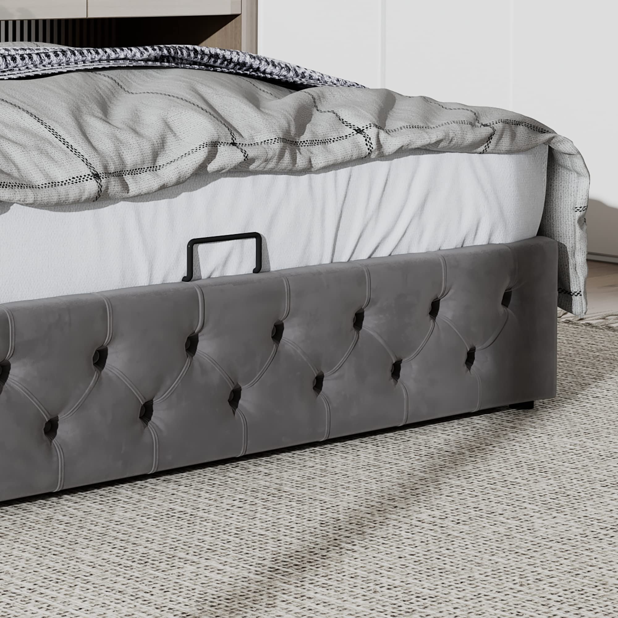 HAINEW Chesterfield Style Upholstered Bed with Hydraulic Storage