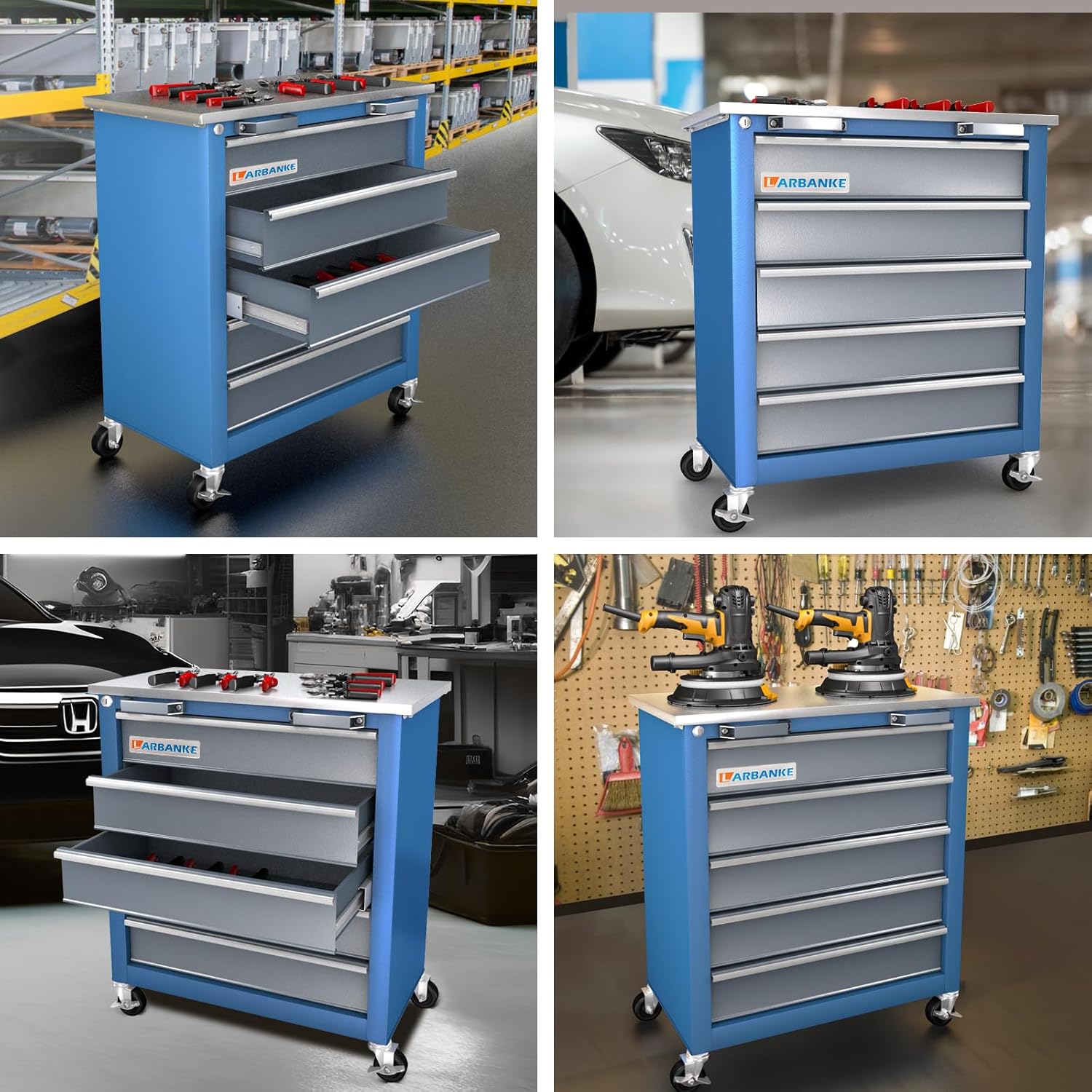 LARBANKE 5-Drawer Rolling Tool Chest with Stainless Steel Worktop - rolling