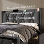 Huyuee Upholstered Bed with Charging Port and Four Drawers in Linen Grey