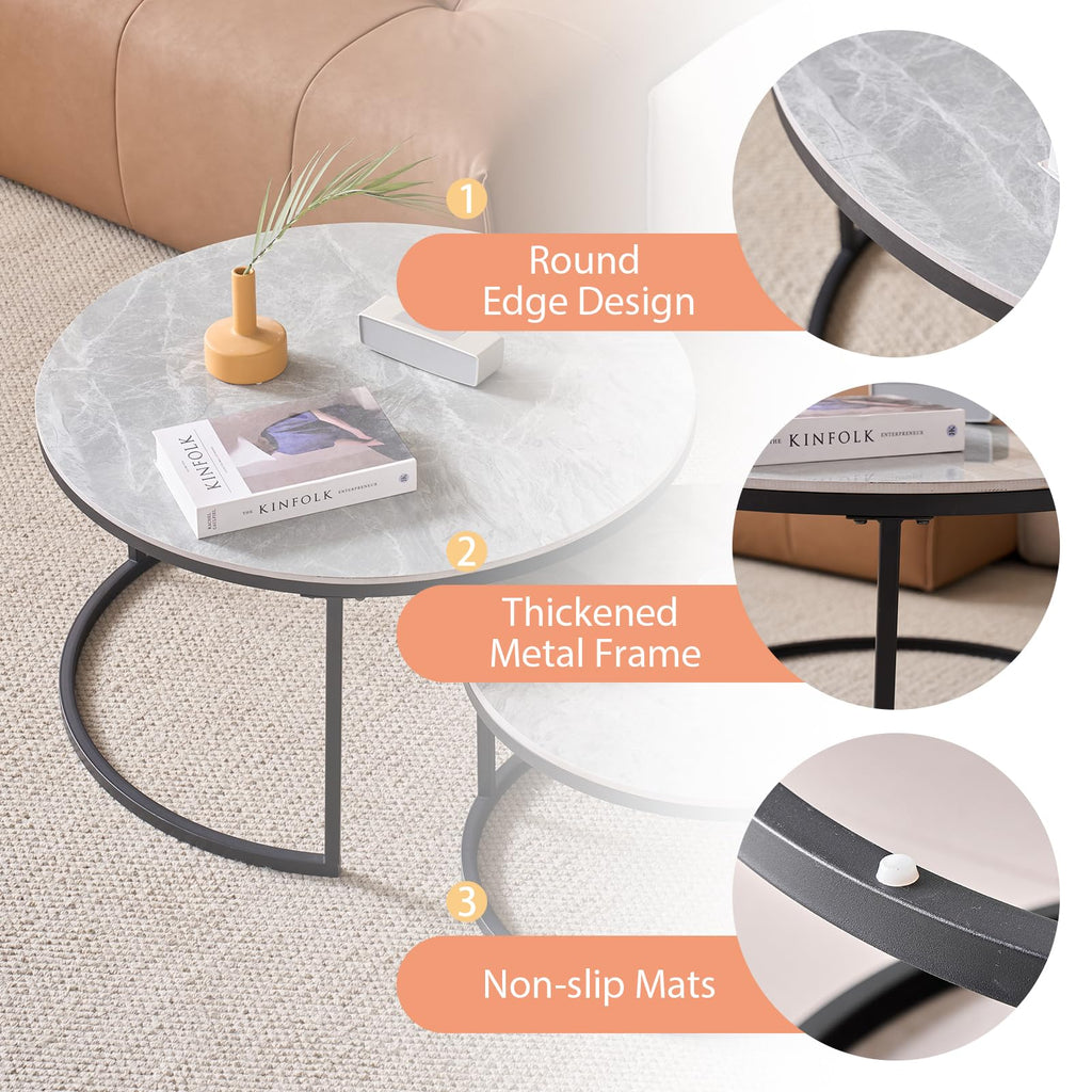 JZGORC 2-Piece Round Coffee Table Set with Grey Marble Top and Black Metal Frame