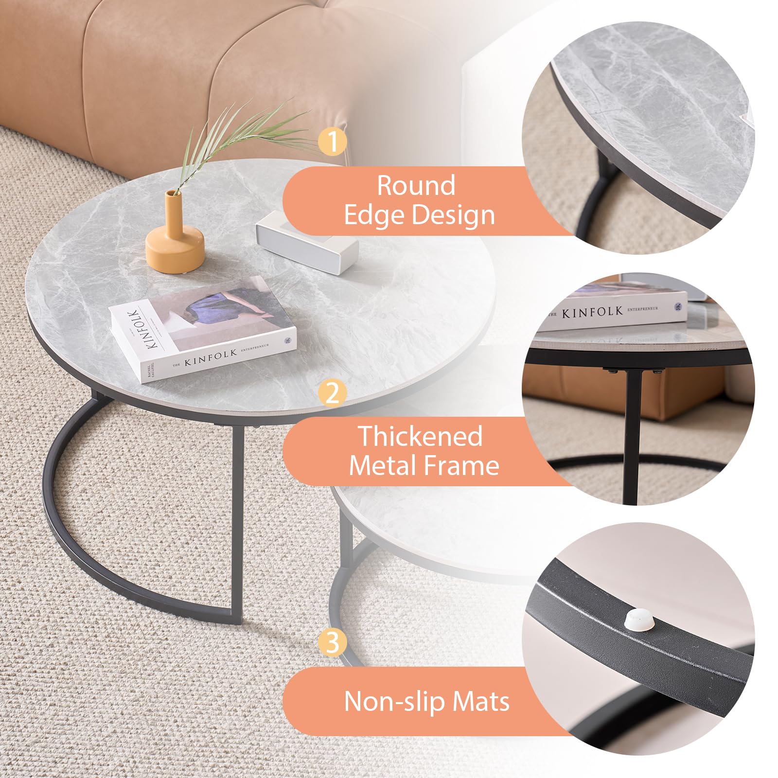 JZGORC 2-Piece Round Coffee Table Set with Grey Marble Top and Black Metal Frame