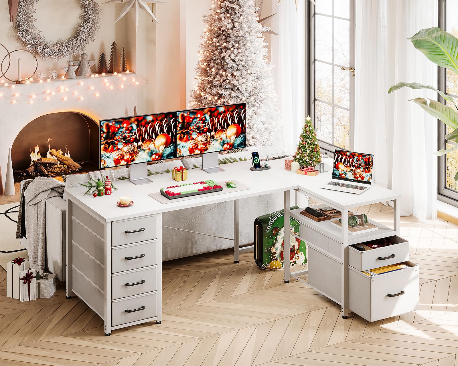 Coleshome L Shaped Computer Desk with 6 Drawers and Power Outlet