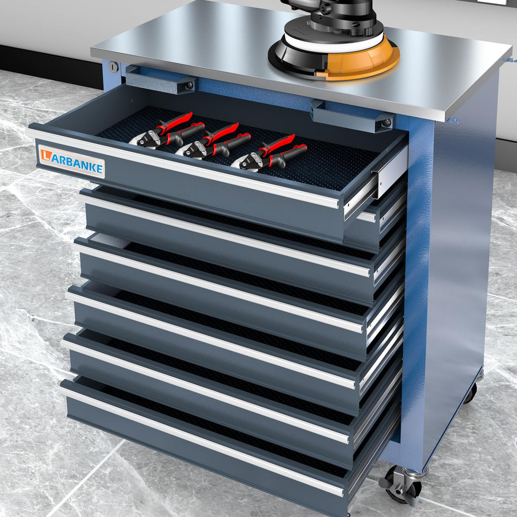 LARBANKE 7-Drawer Tool Cabinet with Stainless Steel Workbench