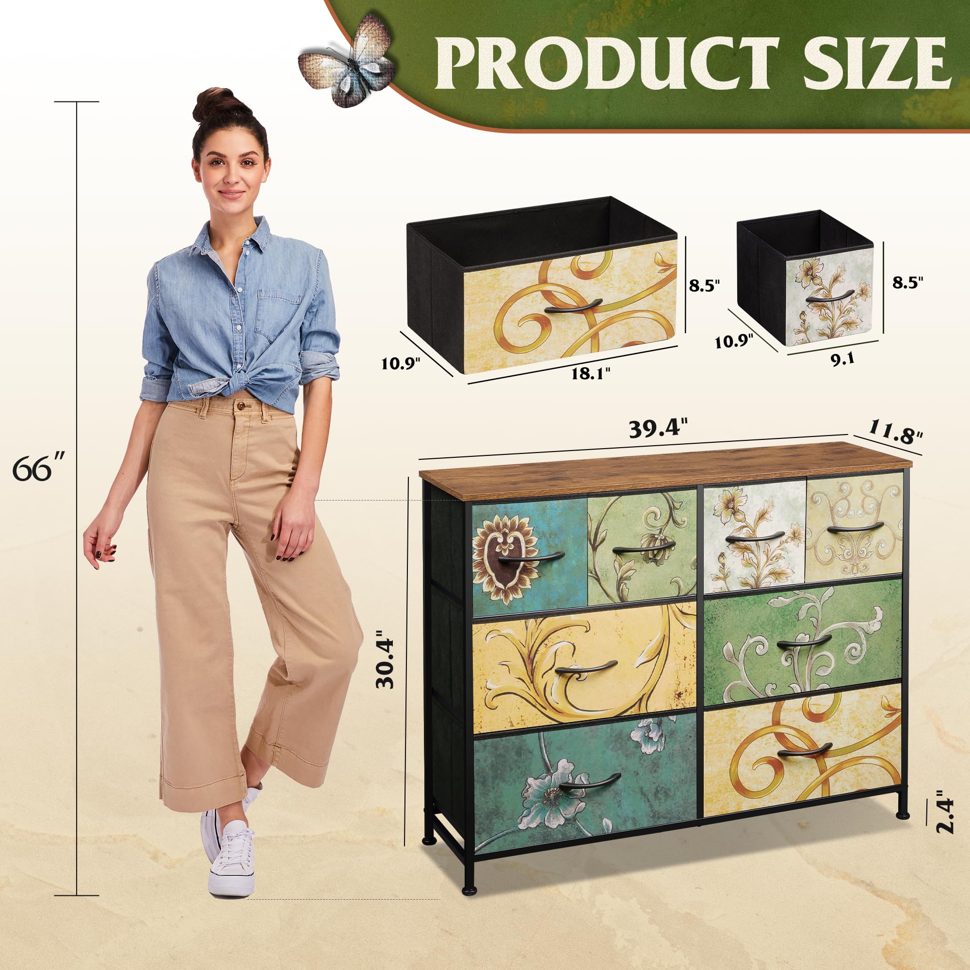 WLIVE 8 Drawer Fabric Dresser with Wood Top
