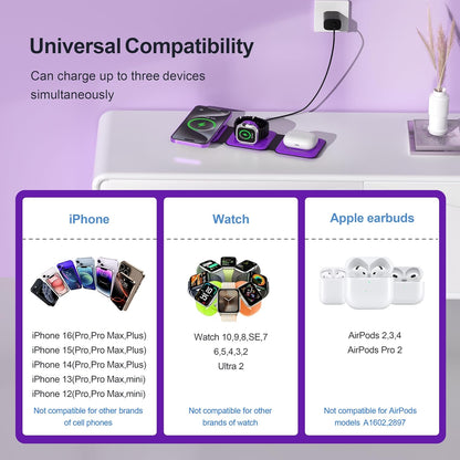 Portable Foldable Magnetic Wireless Charging Station | 3-in-1 Fast Charger for iPhone, Apple Watch & AirPods | Compact & Travel-Friendly Design