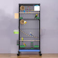 UUE large bird cage with grass nest, swing, ladder, and double doors, on black wheels