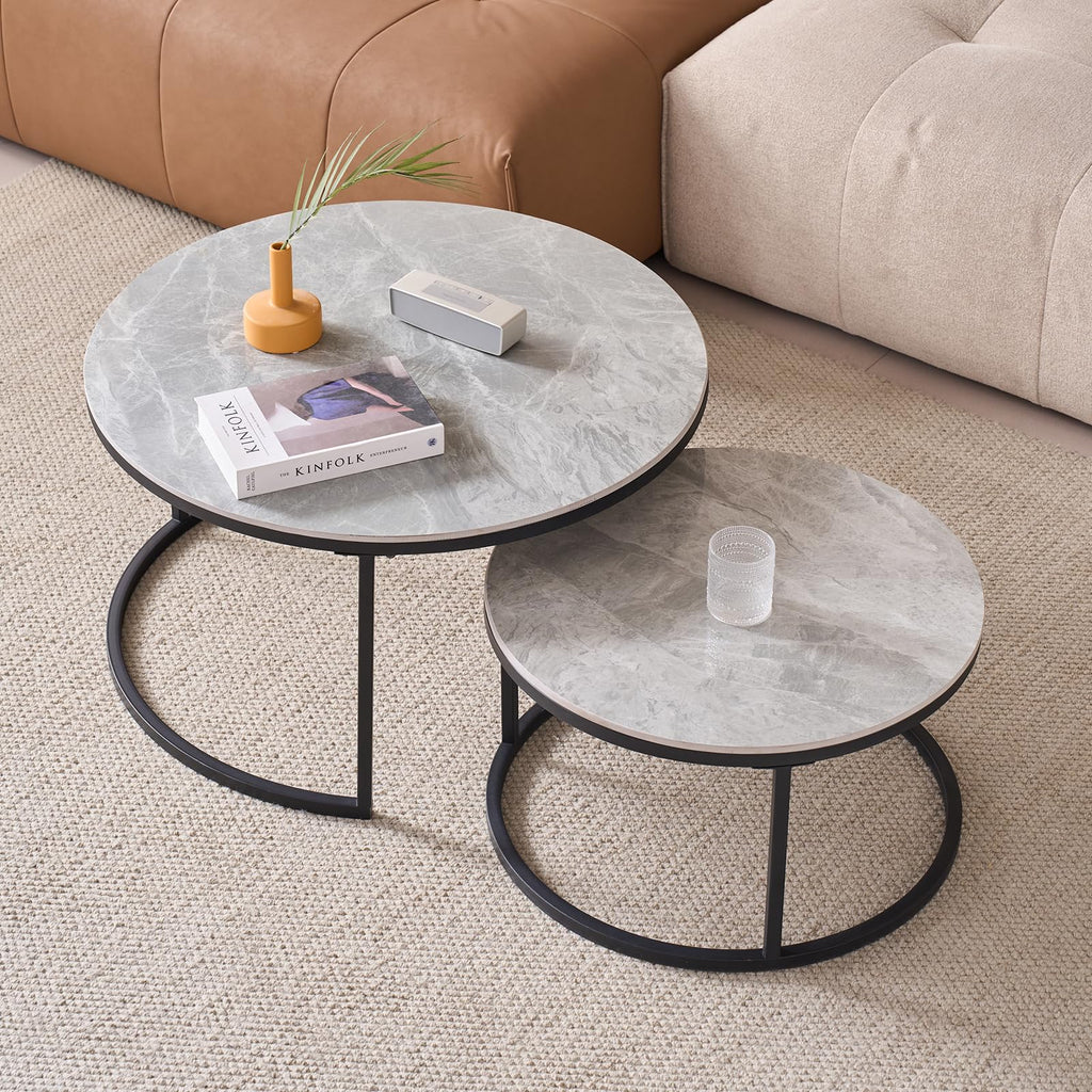 2-piece round coffee table set with grey marble top and black metal frame